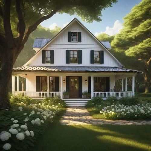 Classic farmhouse, angles architectural design, rustic exterior walls, wooden shutters, triangular roof, white columns, wraparound porch, vintage metal lanterns, lush greenery surroundings, overgrown 