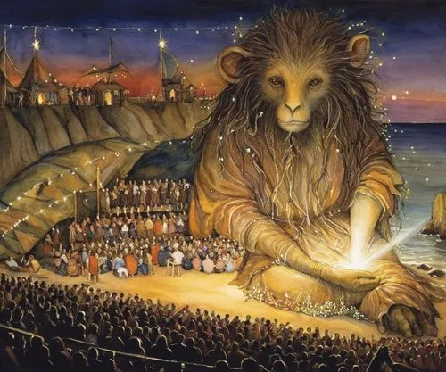 a painting of people in the middle of a large body of water with a big lion on it's back,aslan,barlowe,mandylion,klarwein,lionizing,lionore,Illustration,Realistic Fantasy,Realistic Fantasy 14