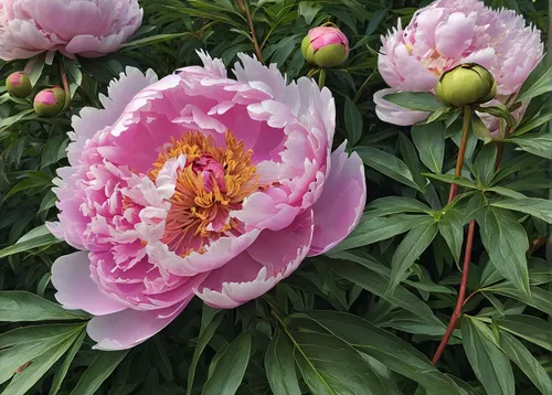 Describe a common peony blooming in a peaceful garden.,common peony,peonies,wild peony,peony pink,pink peony,chinese peony,peony,peony bouquet,siam tulip,peony frame,spring bloomers,two tulips,pink tu