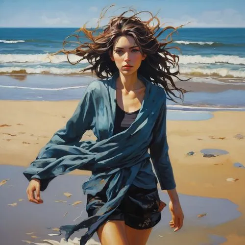 donsky,windswept,girl on the dune,photorealist,walk on the beach,oil painting,Conceptual Art,Fantasy,Fantasy 19