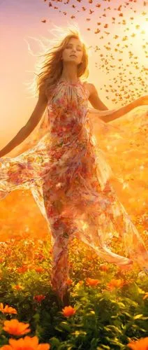 falling flowers,eurythmy,girl in flowers,blooming field,orangefield,flying seeds,Season,Spring