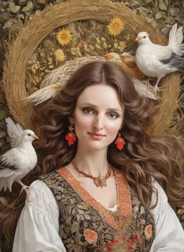 A fascinating medieval painting in the style of Jim Fitzpatrick, depicting a romantic country girl with her hair arranged in the form of a large oblong bird's nest. Gold ribbons hang from the edges of