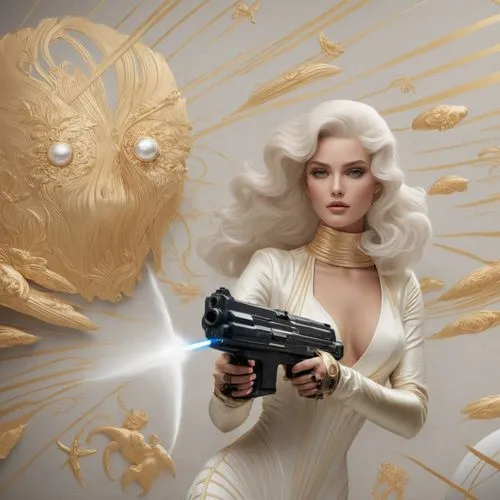 hold the laser gun with only her left hand,a woman is holding a toy gun with two strange eyes,sci fiction illustration,girl with gun,vanderhorst,girl with a gun,barbarella,hurlant,woman holding gun,ro