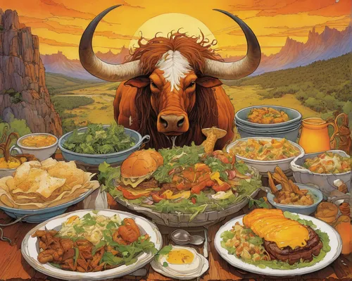 western food,southwestern united states food,mongolian food,oxen,mountain cows,mongolian barbecue,beef cattle,outback steakhouse,food table,omnivore,mountain cow,buffalos,horoscope taurus,domestic cattle,placemat,livestock,cooking book cover,mongolian,food platter,feast,Illustration,Realistic Fantasy,Realistic Fantasy 04