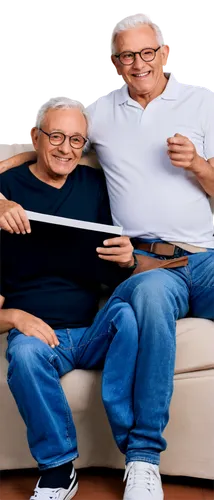 Older man, young boy, contrast, black and white hair, glasses, wrinkles, smiling face, casual wear, jeans, white shirt, sneakers, sitting on couch, holding picture frame, nostalgic atmosphere, warm li