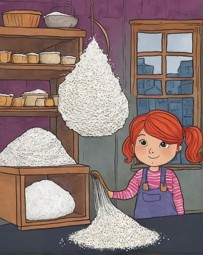 Create a suspenseful scene where Flour Martins investigates a mysterious flour theft.,pile of sugar,flour production,salt harvesting,flour,sugar bags,grainau,sugar cubes,confectioner sugar,salt farmin