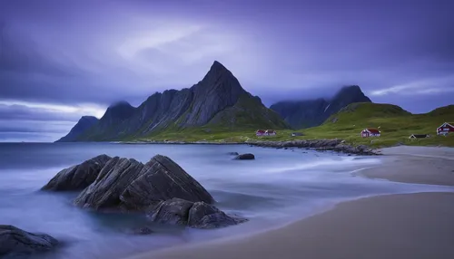 A long exposure at Haukland Beach with moody sky, Lofoten, Nordland, Arctic, Norway, Europe,lofoten,norway coast,nordland,norway island,northern norway,eastern iceland,faroe islands,hamnoy,blue hour,n