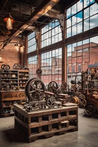 Industrial chic architectural salvage store, Cincinnati, Ohio, exposed brick walls, reclaimed wooden shelves, metal beams, vintage windows, distressed concrete floors, eclectic mix of antique furnitur