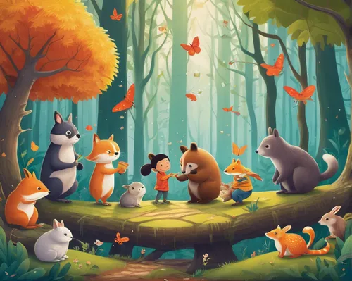 forest animals,woodland animals,fall animals,cartoon forest,kids illustration,children's background,happy children playing in the forest,autumn forest,fairy forest,whimsical animals,game illustration,autumn theme,autumn background,forest background,foxes,small animals,autumn walk,animals hunting,fox stacked animals,autumn idyll,Conceptual Art,Daily,Daily 10