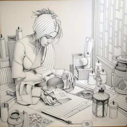 oil painting ,girl in the kitchen,woman drinking coffee,coffee tea drawing,girl studying,coffee tea illustration,girl drawing,pencil art,woman at cafe,pencil drawings,apothecary,game drawing,illustrat