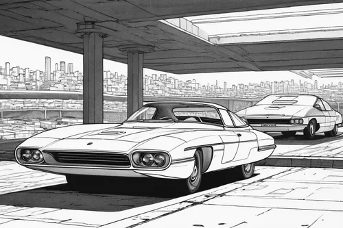 muscle car cartoon,pontiac 2+2,alfa romeo gtv and spider,plymouth superbird,toyota 2000gt,opel gt,underground garage,mazda rx-7,gto,iso grifo,ford thunderbird,lotus elite,illustration of a car,pontiac grand prix,lotus elan,lotus europa,datsun/nissan z-car,ford probe,porsche 904,mercury cyclone,Illustration,Black and White,Black and White 16