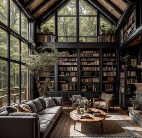 bookshelves,reading room,book wall,living room,the cabin in the mountains,livingroom,bookcase,great room,beautiful home,loft,bookshelf,family room,wooden beams,interior design,sitting room,cabin,moder