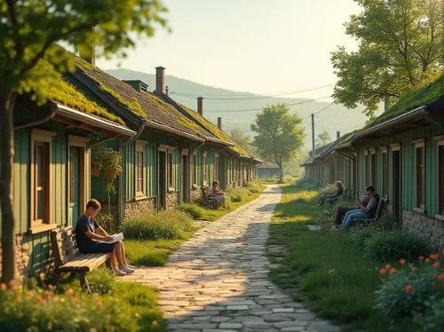 Rural social housing, moss green exterior walls, tranquil atmosphere, countryside landscape, rolling hills, few trees scattered around, wildflowers blooming near the houses, simple wooden doors, small