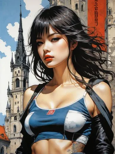 a girl, incredible, beautiful, awesome, stunning, Hyperrealism, Young woman in Munich, beautiful female, Jim lee art style, supermodel, landmark background, quality, full color,  ink on canvas, painti