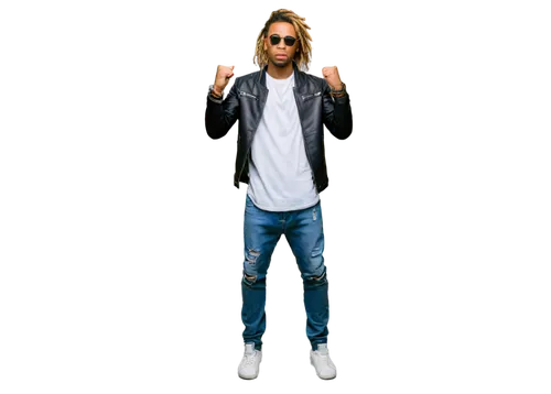 Rapper, male, confident pose, gold chain, diamond earrings, dreadlocks, sunglasses, tattoos on arms, black leather jacket, white t-shirt, ripped jeans, sneakers, microphone in hand, dynamic gesture, s