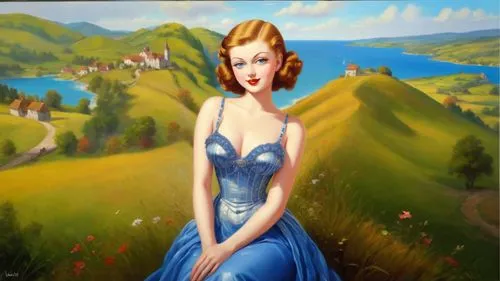 maureen o'hara - female,tretchikoff,girl in a long dress,ann margarett-hollywood,delvaux,art deco woman,bluestocking,pin-up girl,retro pin up girl,dorthy,selznick,art painting,hildebrandt,pin up girl,kisling,condita,marylyn monroe - female,darjeeling,landscape background,world digital painting