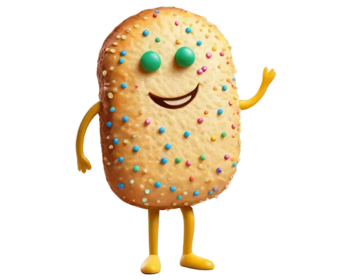 Cartoon bread, anthropomorphic, smiling face, shiny eyes, golden crust, soft white interior, green leaf on top, colorful sprinkles, standing upright, one leg bent, playful pose, warm lighting, pastel 