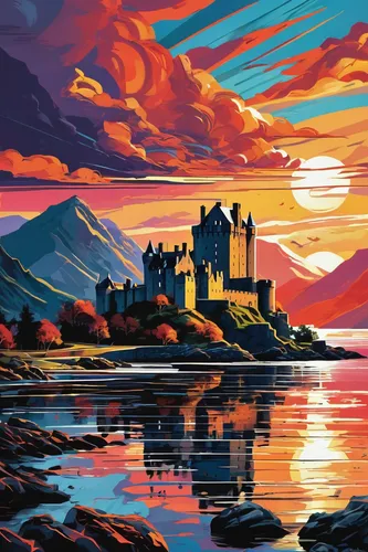 Describe the majestic Eilean Donan Castle set against a dramatic sunset.,eilean donan castle,eilean donan,scotland,castle bran,scottish folly,isle of skye,bamburgh,scottish highlands,scottish,northumb