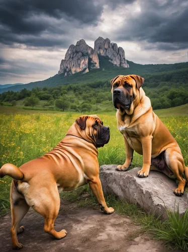 Depict a magical realm where Boerboel dogs possess the ability to communicate with humans through telepathy, working together to protect their land from evil forces.,british bulldogs,bullmastiff,boerb