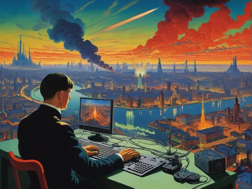 pandemic,city in flames,the pandemic,sci fiction illustration,financial world,cyberspace,cloud computing,atomic age,internet of things,virtual world,cyberpunk,man with a computer,data retention,night administrator,cyber crime,background image,business world,computing,industry 4,science-fiction,Art,Classical Oil Painting,Classical Oil Painting 27