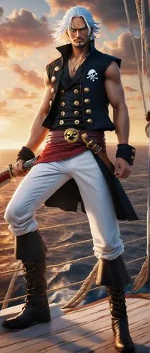 Male, One Piece character, strong muscular build, spiky white hair, blue eyes, scar above left eyebrow, black vest with golden buttons, white pants, red sash, pirate boots, holding a large sword, stan