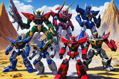 Design an epic showdown between rival megazord teams in a stunning alien landscape.,iron blooded orphans,gundam,cynosbatos,evangelion evolution unit-02y,group photo,evangelion mech unit 02,transformer