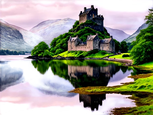 Scottish Highlands, majestic mountain, rugged landscape, misty atmosphere, Eilean Donan Castle, solo, ancient stone walls, moss-covered roof, tranquil lake, sailboat in distance, warm afternoon light,