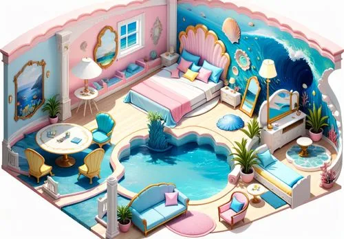 Ocean inspired bedroom, shell formed bed, pastel blue pink yellow,this is a view of a living room designed like a doll house,beauty room,baby room,the little girl's room,dreamhouse,kids room,luxury ba