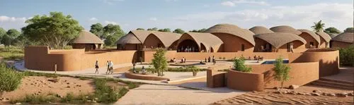 realistic architectural render SECTION + people walking+  +RAMMED EARTH WALLS + landscaing,future africa,ecovillages,caravanserais,masdar,ghadames,mud village,qasr azraq,Photography,General,Realistic