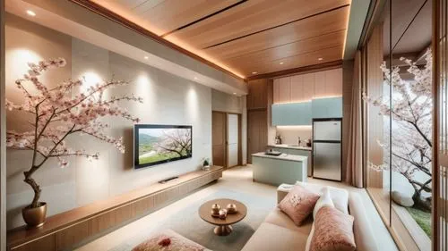 This photo showcases the living room and small kitchen of a hotel suite located in Puli, Taiwan, with a design that incorporates elements of spring cherry blossoms. The suite features modern furniture