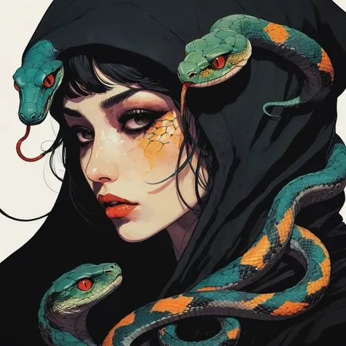 snake charming,snake charmers,serpent,snake kawaii,snake,constrictor,snakebite,boa constrictor,green snake,burmese python,snakes,emperor snake,tiger lily,kingsnake,ball python,milksnake,garter snake,fantasy portrait,poisonous,crocodile woman,Illustration,Paper based,Paper Based 19