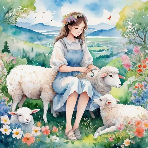 shepherdess,country dress,springtime background,sheep knitting,good shepherd,ostara,shepherdesses,spring background,the good shepherd,shepherd,lambs,counting sheep,sheep,wool sheep,farm background,the sheep,countrygirl,two sheep,meadow,sheepherder,Illustration,Paper based,Paper Based 25