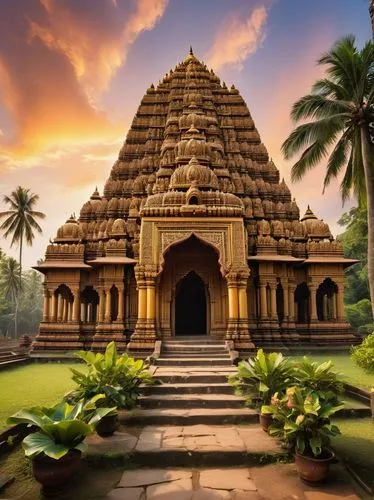 Ancient Hindu temple, intricate carvings, ornate sculptures, vibrant colors, golden domes, multiple towers, symmetrical structure, grand entrance, stone pillars, decorative archways, intricate friezes