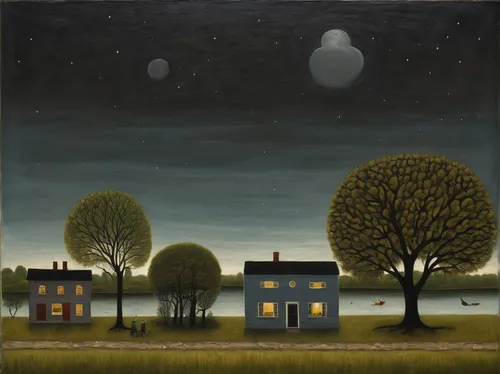 night scene,carol colman,home landscape,carol m highsmith,herfstanemoon,black landscape,houses silhouette,hanging moon,dutch landscape,moonlit night,martin fisher,grant wood,rural landscape,evening atmosphere,steve medlin,james handley,bill woodruff,lunar landscape,lee slattery,cloves schwindl inge,Art,Artistic Painting,Artistic Painting 02