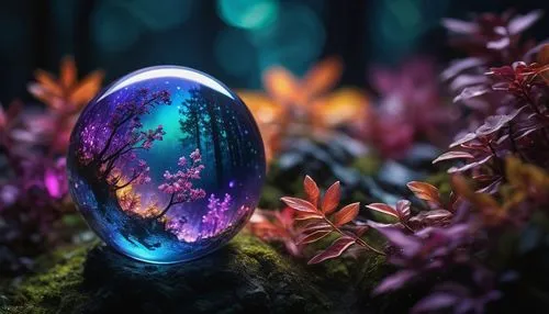 Highly detailed illustration of a hidden world inside planet earth made of crystal, continents on surface, atmosphere, galaxies in the background, holographic shimmer, whimsical lighting, enchanted am