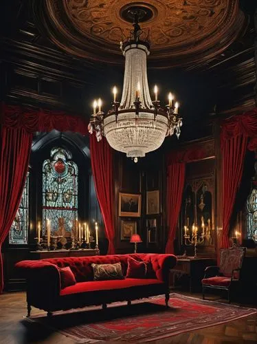 Gothic, mysterious, dimly lit, luxurious interior, dark wood paneling, intricate carvings, crimson red velvet curtains, ornate chandeliers, grandiose furniture, stone walls, stained glass windows, hea