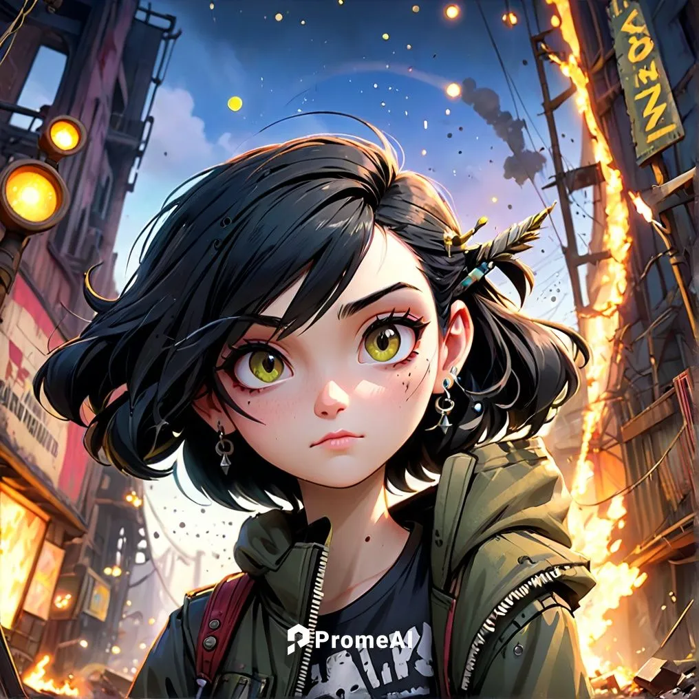 a stylized woman artist, white bangs and black hair, a brush on her ear ,meteora,rosa ' amber cover,game illustration,anime cartoon,nico,city ​​portrait,cg artwork,cute cartoon character,portrait back