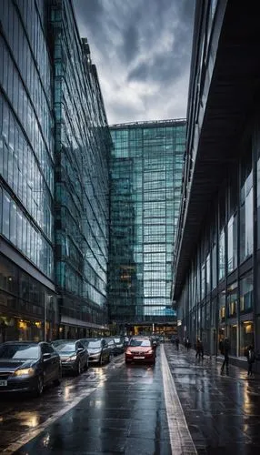 Manchester, modern architectural design, glass skyscraper, reflective windows, steel beams, urban landscape, city streets, busy traffic, pedestrians walking, cloudy sky, dramatic lighting, low-angle s