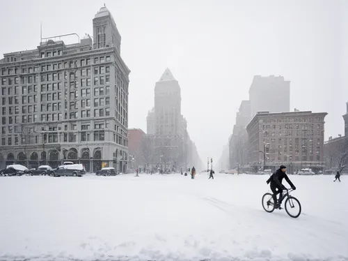 A cyclist bikes down a snow-blanketed union square as buildings loom in grey silhouette.,flatiron building,flatiron,snowstorm,winter storm,newyork,new york,blizzard,chicago,the snow falls,hard winter,