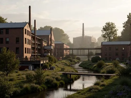 Industrial factory complex, rustic brick buildings, corrugated metal roofs, worn concrete walls, vintage machinery, abandoned chimneys, overgrown vegetation, wildflowers, meandering streams, misty atm