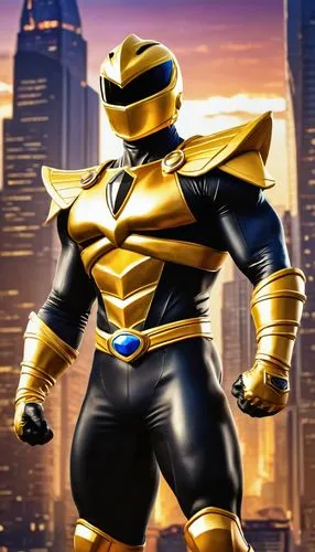 Mature muscular man, gold and black Power Ranger, standing, heroic pose, confident facial expression, short golden hair, black eyebrows, intense gaze, golden helmet with black visor, black and gold ar