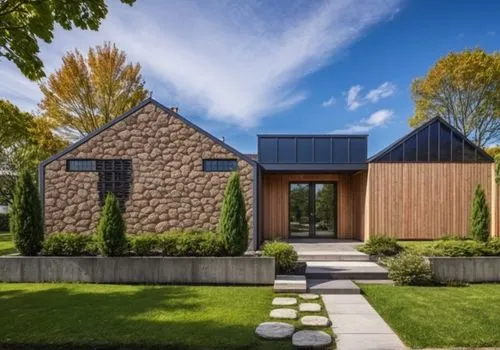 Design the exterior of two modern buildings with stone walls. A beautiful recessed entrance with carved black doors. One building is brought to the entrance, the other is located far behind the fence.