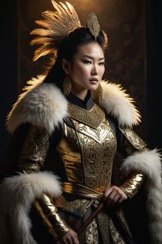 Mongolian female warrior princess, fashion costume, fur, feathers, gold metal, leather, ((damask fabric)), top soft light, backlit, dark neutral environment, highly detailed, melancholic, soft light, 