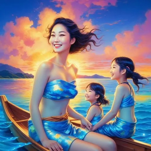 A traditional Japanese Ama pearl diver, two daughters sitting in the boat, big smile, wearing traditional loincloth with a blue wave print style,,A traditional Japanese Ama pearl diver, two daughters 