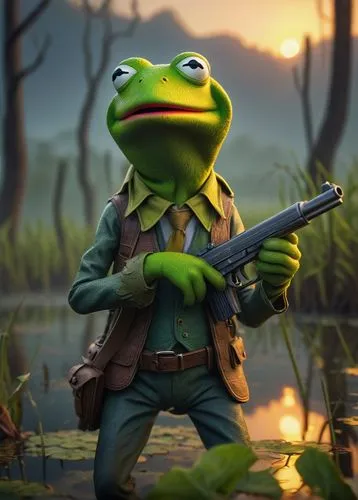 Kermit, green frog, holding gun, standing hero pose, swamp environment, misty atmosphere, vines wrapping around trees, murky water reflections, foggy distant mountains, warm sunset lighting, cinematic