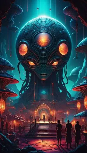 Ancient Maya ,sci fiction illustration,gravemind,oddworld,bioshock,extraterrestrial,ufo,nidularium,game illustration,alien planet,alien world,apiarium,cyberia,lovecraftian,extraterrestrial life,eidolo