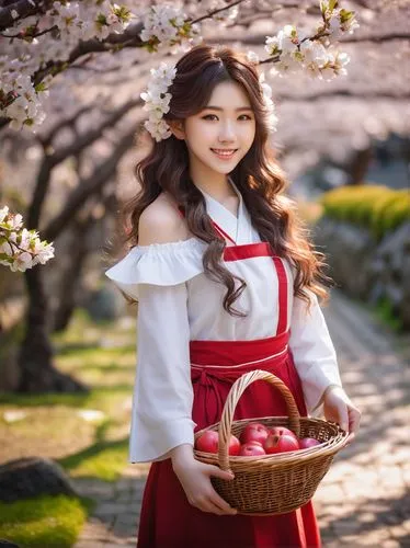 Hinata, Japanese girl, solo, (14yo), beautiful detailed eyes, long curly brown hair, sweet smile, red off-the-shoulder dress, white apron, holding a basket of apples, standing, traditional Japanese ga