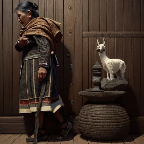 
Elderly woman wearing a simple black dress from the Peruvian highlands, without many details,tamaskan dog,native american indian dog,girl with dog,east siberian laika,boy and dog,romanian mioritic sh