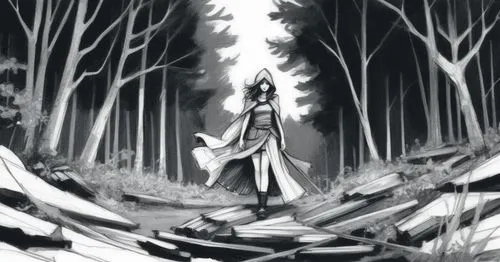 sketch, woman, forestry background, black and white,a drawing of a woman standing on a forest,light bearer,forest man,mirkwood,haunted forest,holy forest,invoking,Illustration,Realistic Fantasy,Realis