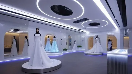 this is a white dress shop that looks like it was made for a wedding,futuristic art museum,spaceship interior,showrooms,ufo interior,dress shop,boutiques,Photography,General,Realistic